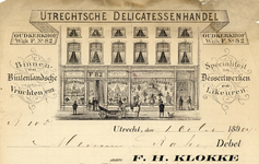 710938 Kop van een nota van de Utrechtsche Delicatessenhandel F.H. Klokke, Oudkerkhof F. No. 82 te Utrecht, ten name ...